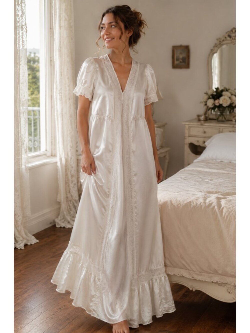Vtg 1950s Sz S Italian White Satin Nightgown Lace Trim Maxi Long Dress Bridal